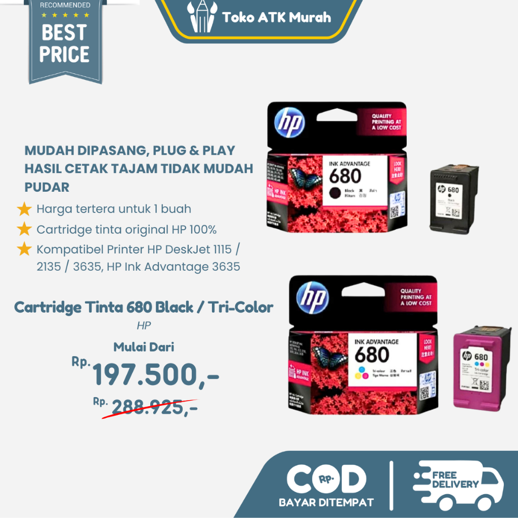 Cartridge Tinta HP 680 Black / Tri-Color Original - HP Ink Cartridge 680