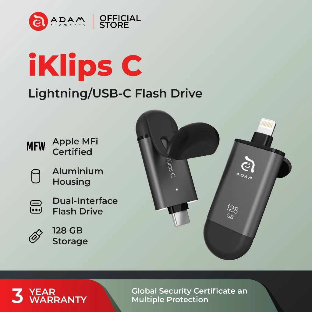 Adam Elements iKlips C 128GB USB C & Lightning Flash Drive OTG for iPhone Android Macbook Laptop - S