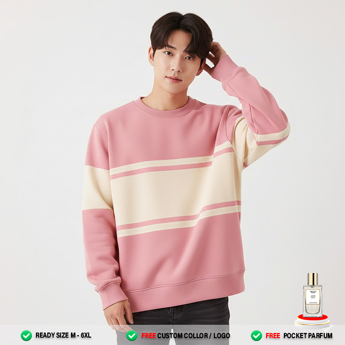 Sweater Pria Wanita ( BABY PINK PUTIH ) Stripe Crewneck | Sweater Polos Casual Lengan Panjang Premiu