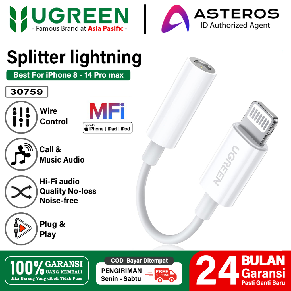 UGREEN Audio Splitter iPhone Mfi Lightning to Jack 3.5mm Support Music, Call, Gaming