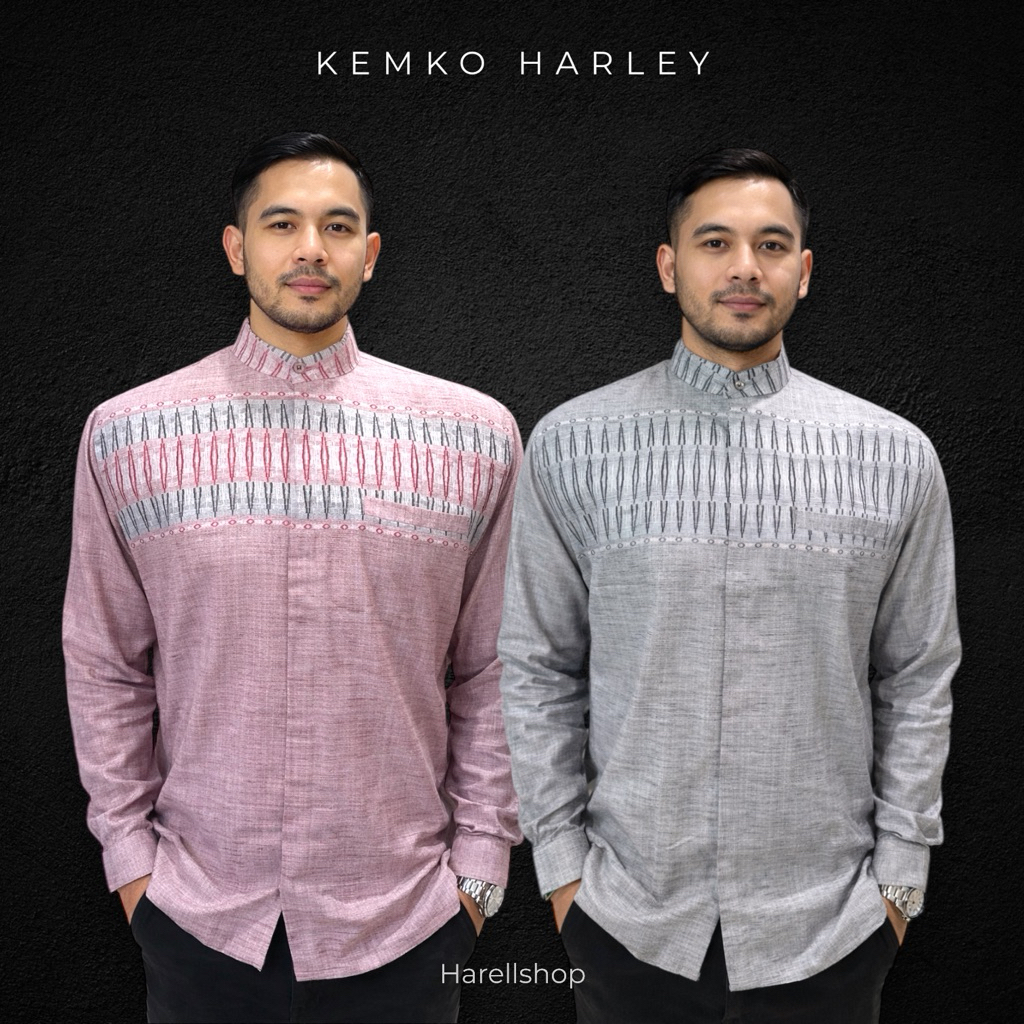 Kemko Harley Pria Lengan Panjang Dusty Pink & Silver Abu Muda | Baju Koko Modern Katun Adem | Kemeja