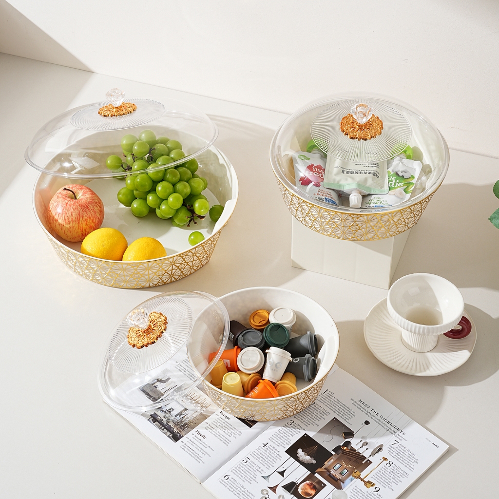 Nampan makanan plastik yang estetis, rak roti dan buah transparan multifungsi berwarna putih.