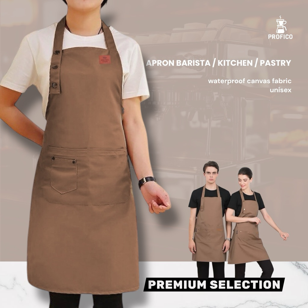 PROFICO Apron barista unisex bahan canvas tahan air Celemek kopi barista masak dapur