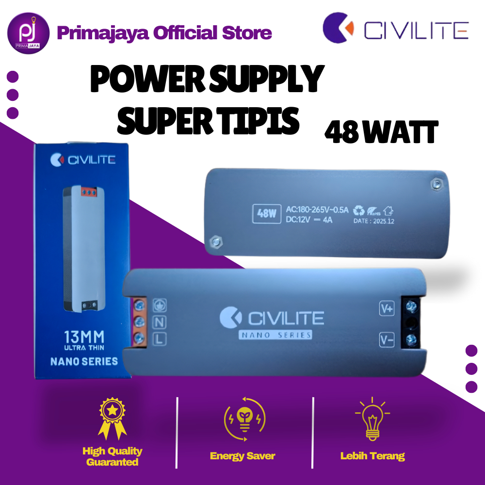 Power Supply LED 48W Civilite Super Tipis 12V Trafo Adaptor Lampu LED Strip Nano Series