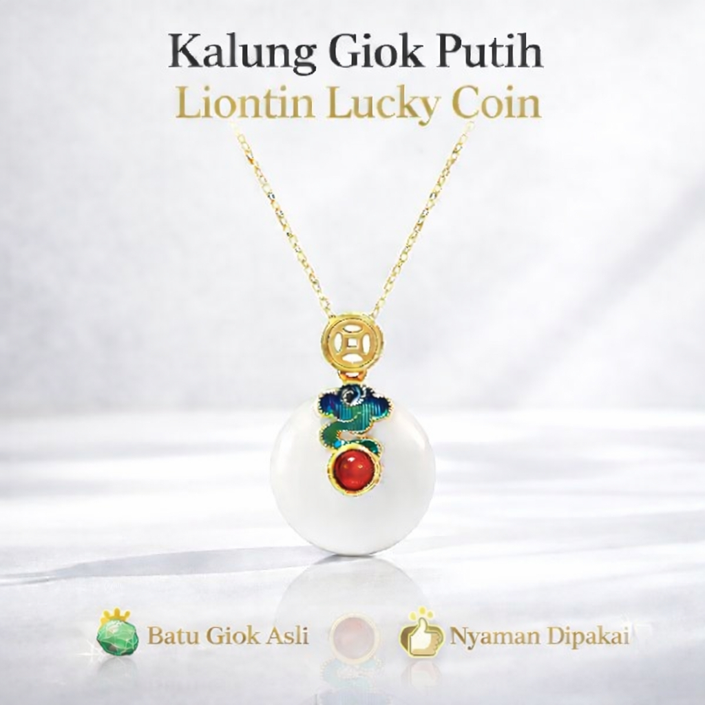 Kalung Giok Putih Asli | Liontin Lucky Coin | Kalung Wanita Batu Alam Giok