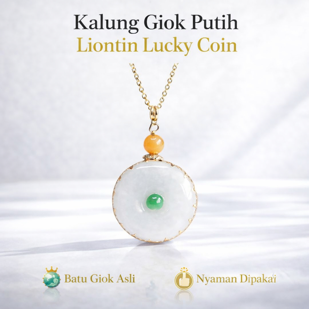 Kalung Giok Putih Wanita |  Liontin Bulat Donat Titanium | Kalung Pria Wanita Batu Alam Giok Asli