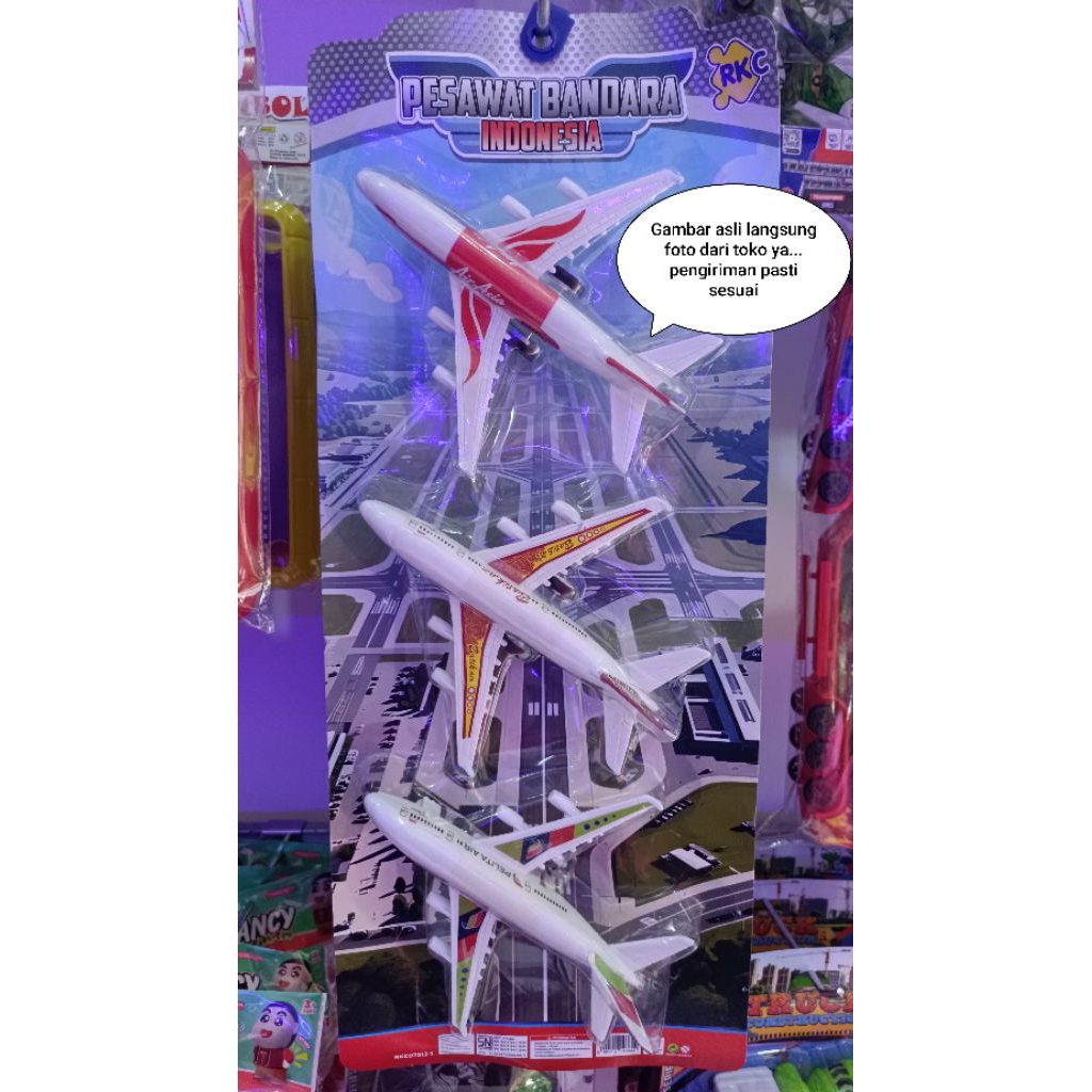 mainan pesawat isi kemasan 3pic. garuda Indonesia, batik air, pelita air, dll