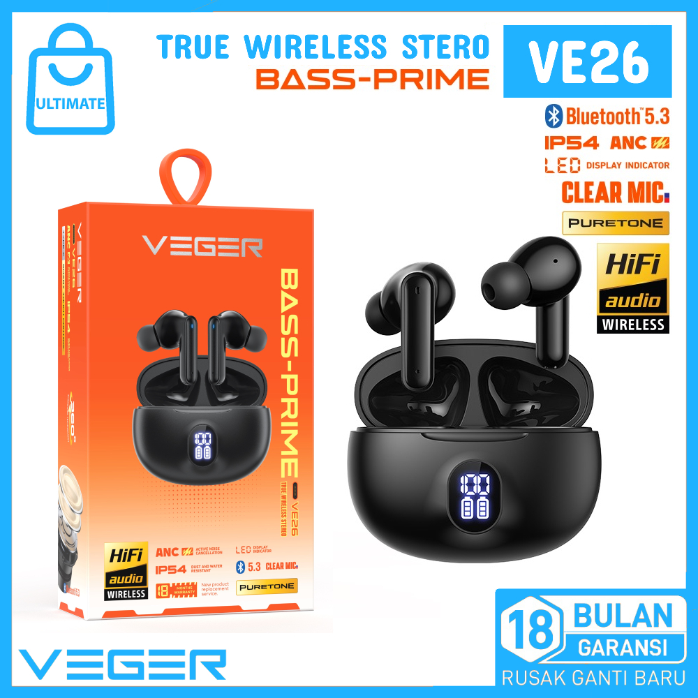 Veger VE26 TWS Earphone Bluetooth 5.3 ANC Noise Cancelling Bass Prime IP54 Garansi 18 Bulan