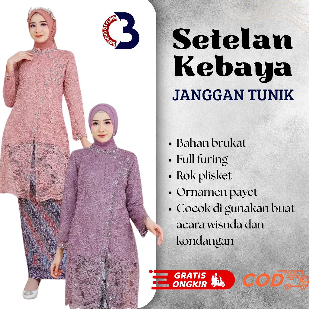 SETELAN KEBAYA JANGGAN TUNIK DAN ROK PLISKET  BAJU WISUDA PESTA