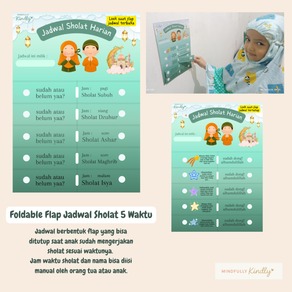 Poster Tracker Jadwal Anak Sholat 5 Waktu Harian Foldable Flap Reusable A4 Art Carton