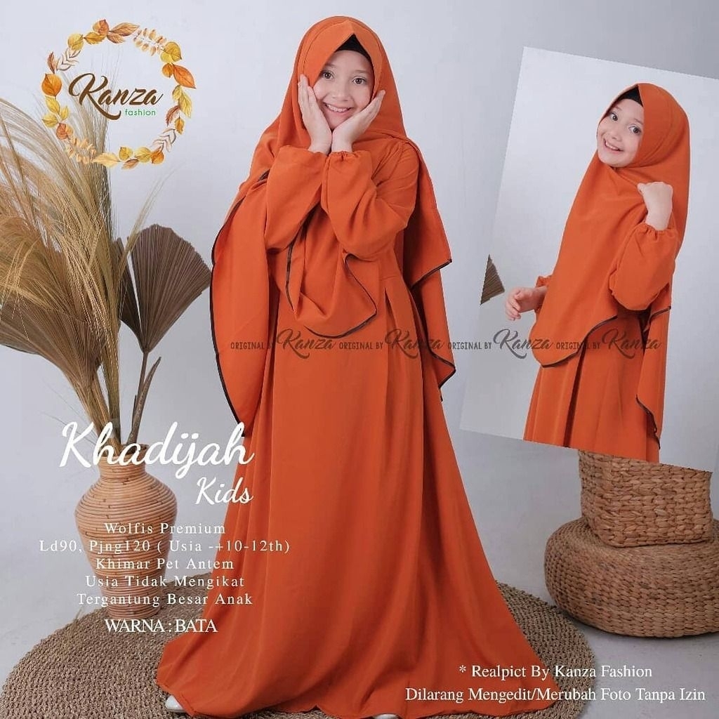 KADIJAH KIDS - Gamis syari Anak set hijab umur 8 9 10 11 12 Tahun kids warna polos bata terakota ter