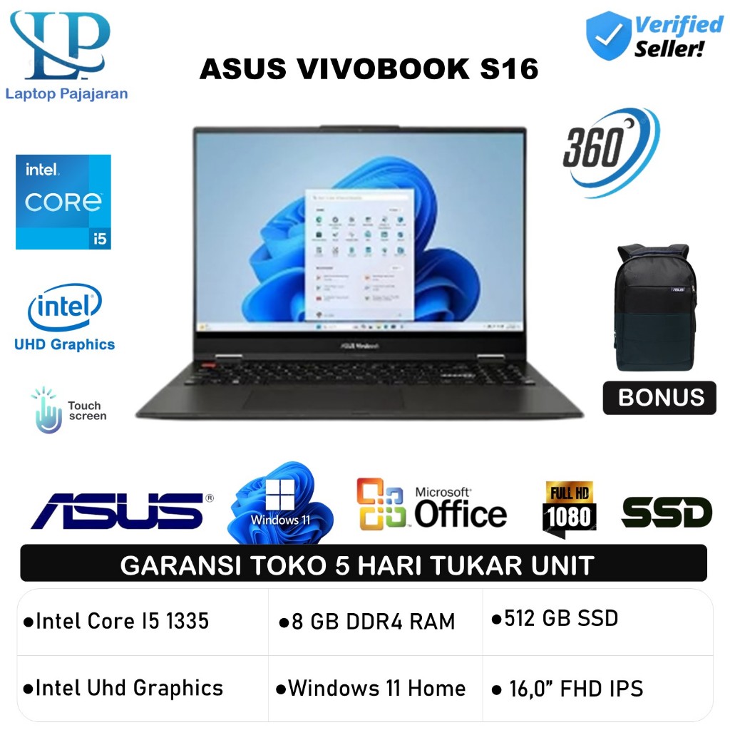 Laptop Asus Vivobook S16 Flip Oled TP3604VA Touchscreen I5 1335 8Gb 512Gb windows 11 16inch Fhd Ips