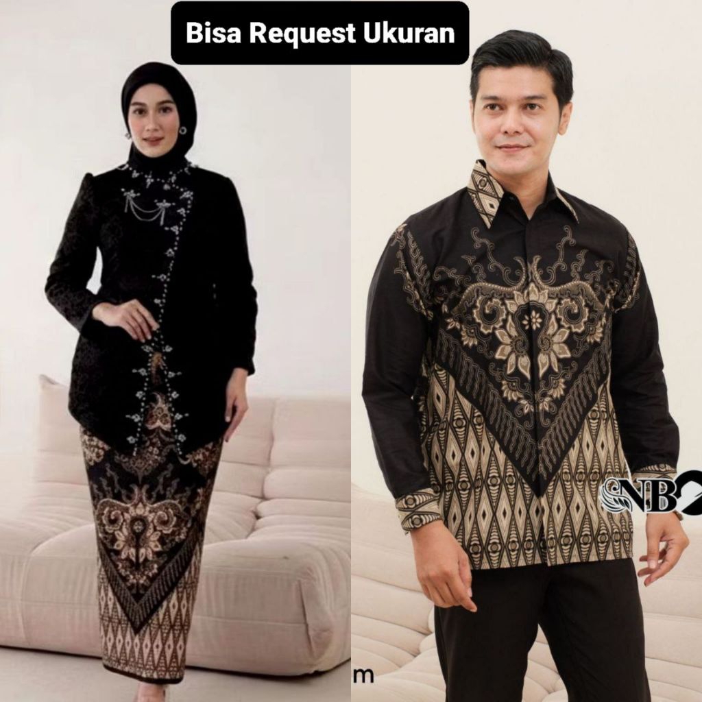 SET KEBAYA JANGGAN POLA HITAM ORI COUPLE KEMEJA PREMIUM / CUSTOM ANAK & JUMBO / BAJU SETELAN SERAGAM