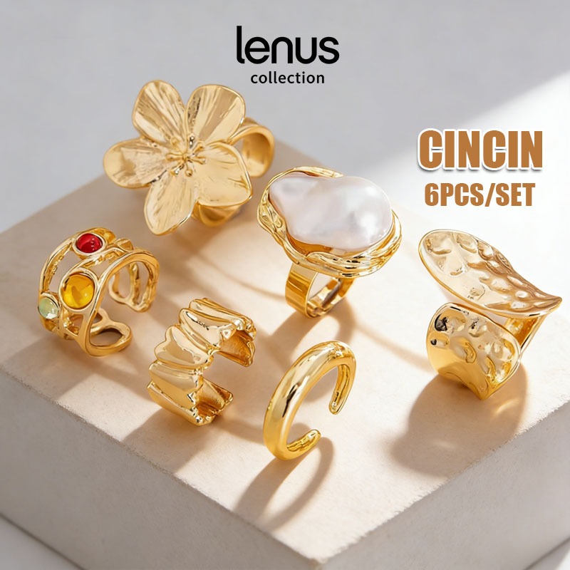 Set Cincin Titanium Wanita Cincin Batu Permata Cincin Terbuka Mutiara Batu Permata Bohemian Ring