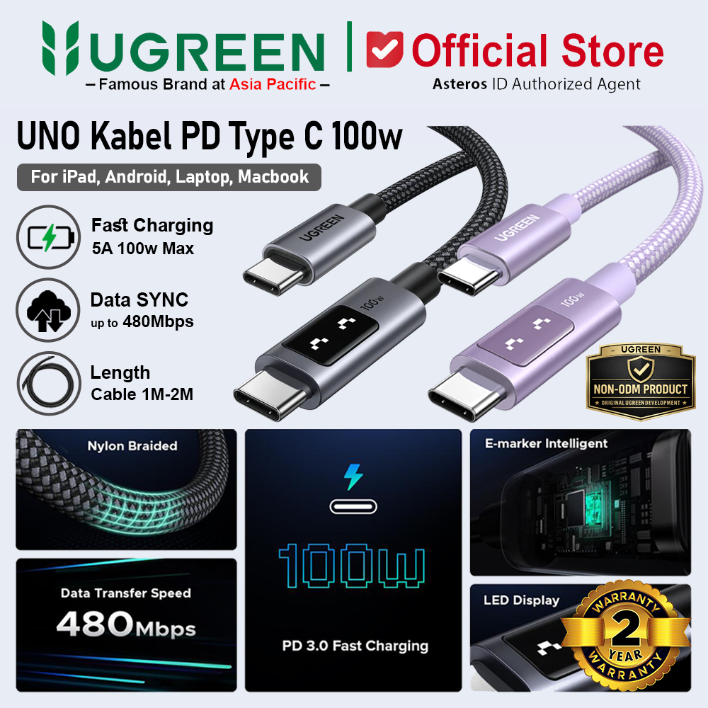 UGREEN UNO Robot Kabel Data PD Type C to Type C Fast Charging 100W Max 5A Nylon Braided 35501