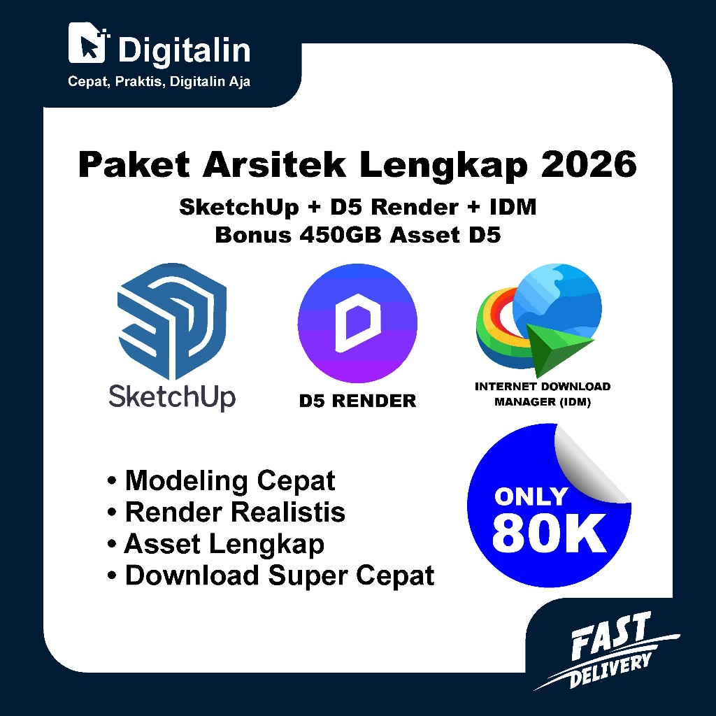 PAKET ARSITEK LENGKAP 2025  SketchUp + D5 Render + IDM + 450GB Asset D5 Render