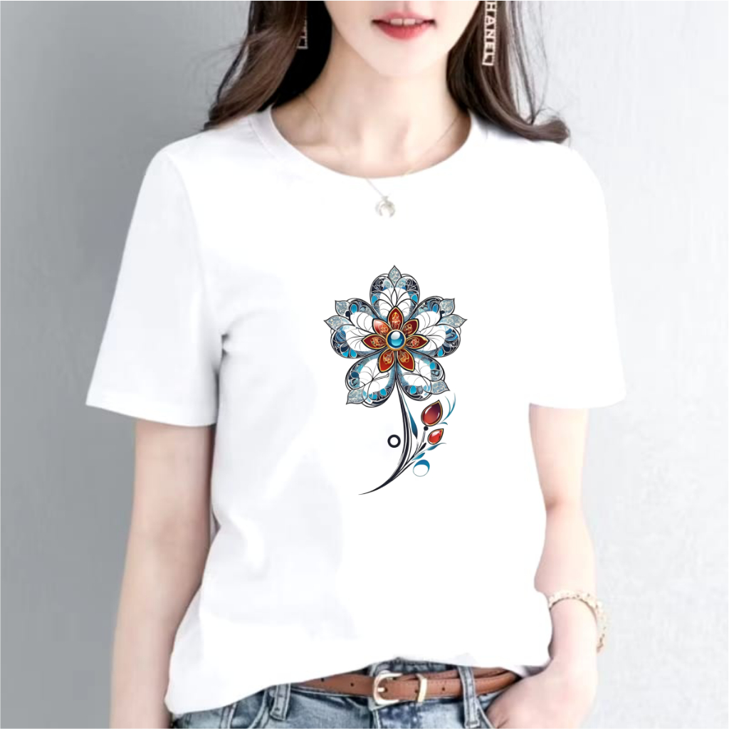 Kaos Unisex All Size Katun Motif BUNGA Putih Eksklusif Jepang