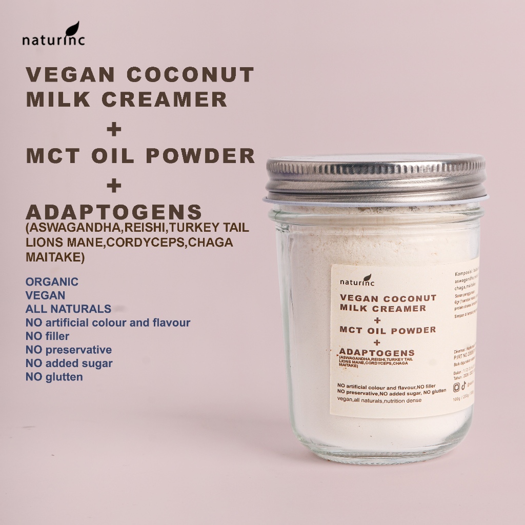 NATURINC coconut vegan coffee creamer MCT oil powder adaptogen nondairy tanpa gula super food