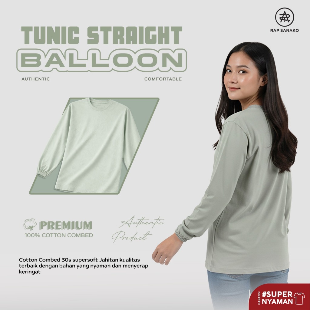 Tunic Straight Straight - Tunik Kaos Polos Lengan Panjang Wanita Lengan Balon Cotton Combad 30s
