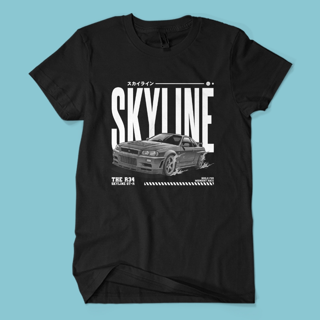 Baju Kaos THE SKYLINE R34 Hobi Otomotif Mobil Racing Balap JDM Jepang Unisex Cotton Combed