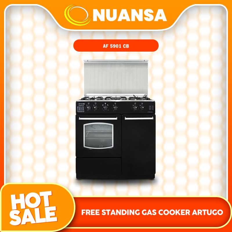 Artugo AF 5901 CB adalah kompor freestanding gas 90 cm berwarna hitam dengan 5 tungku cast iron yang