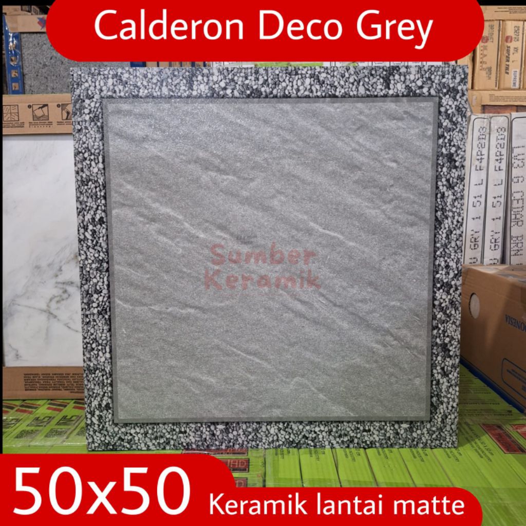 Keramik lantai 50x50 murah ICARUS Calderon Deco Grey motip batu alam keramik lantai garasi, carport