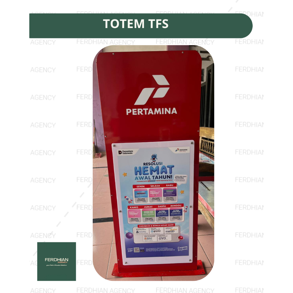 Totem Papan TFS Promosi Pertamina Akrilik SUDAH TERMASUK PACKING KAYU