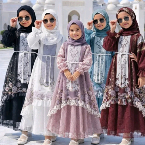 Gamis Aisyah Ceruty Baby Doll Mix Brokat Free Hijab Usia 3-10 Tahun - Gamis Anak Rompi Motif Bunga |