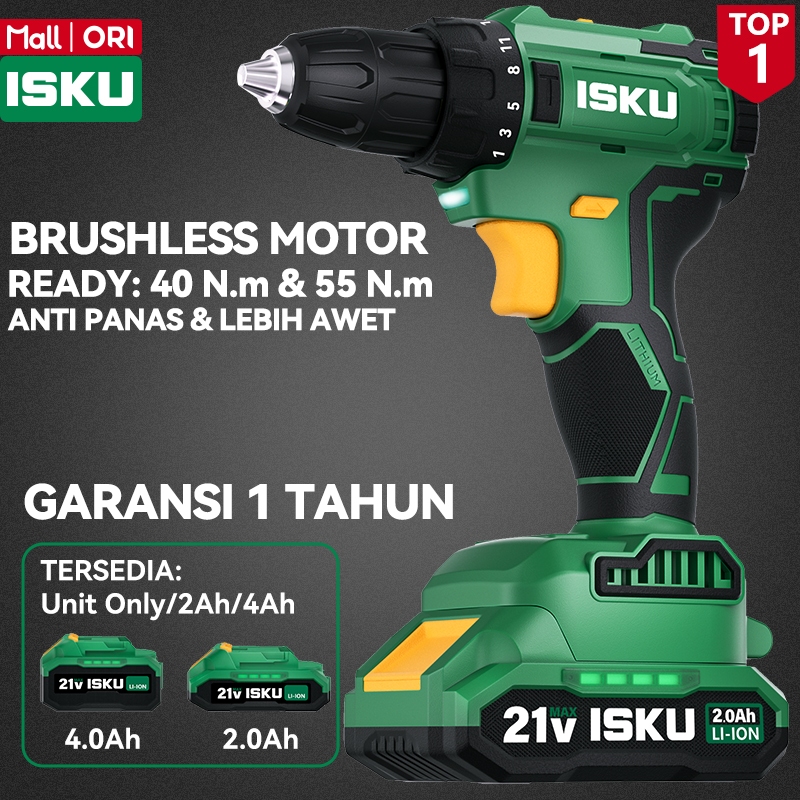 ISKU Bor Cordless Brushless 21V 40Nm 55Nm Mesin Bor Baterai Tangan Kayu Besi Baja Ringan