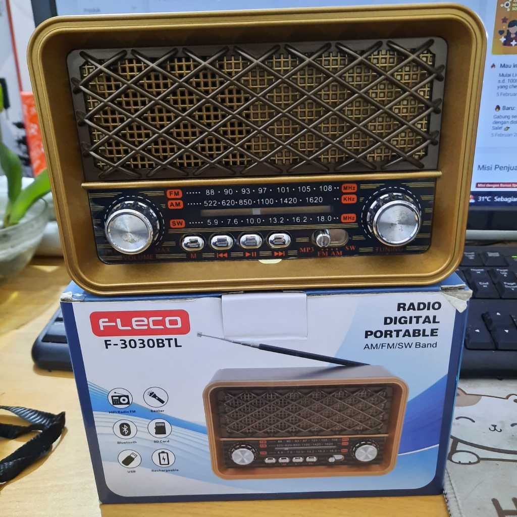 Radio Klasik Retro Kayu USB Bluetooth FM AM SW Senter Fleco 3030 Baru