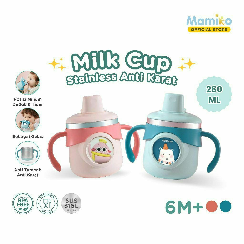 Mamiko Stainless Steel Milk Cup 260ml / Bee Doll Baby Milk Cup / Gelas Minum Anak Stainless / Traini