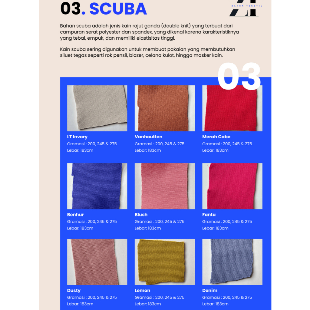 Kain Scuba - Gramasi 200, 245 & 275grm - Lebar 183cm - 1 Roll 24kg - Grosir - Zahra Tekstil