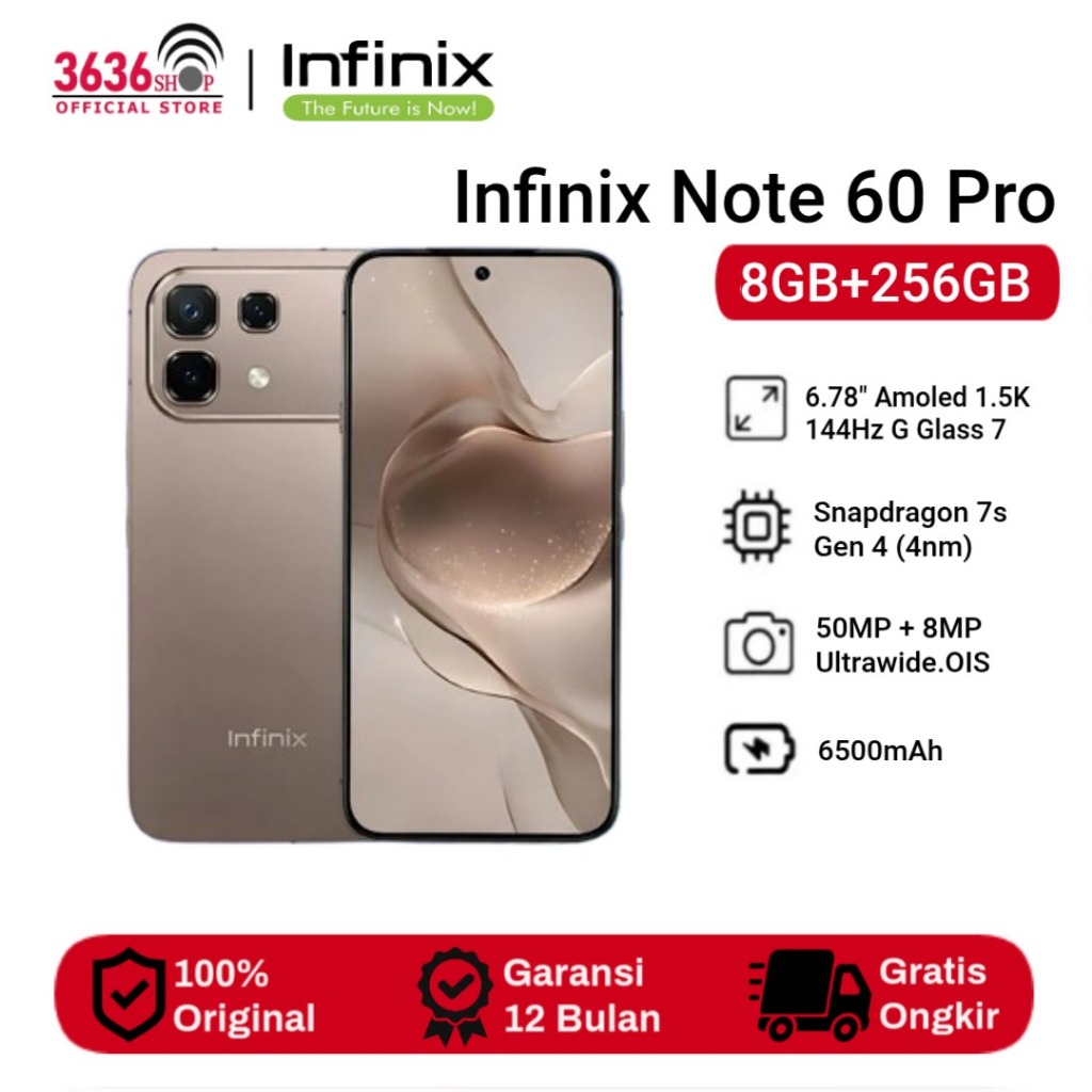 Infinix Note 60 Pro 5G 8GB+256GB Display 144Hz 6.78" G Glass 7 Prosessor Snapdragon 7s Gen 4 (4nm) M