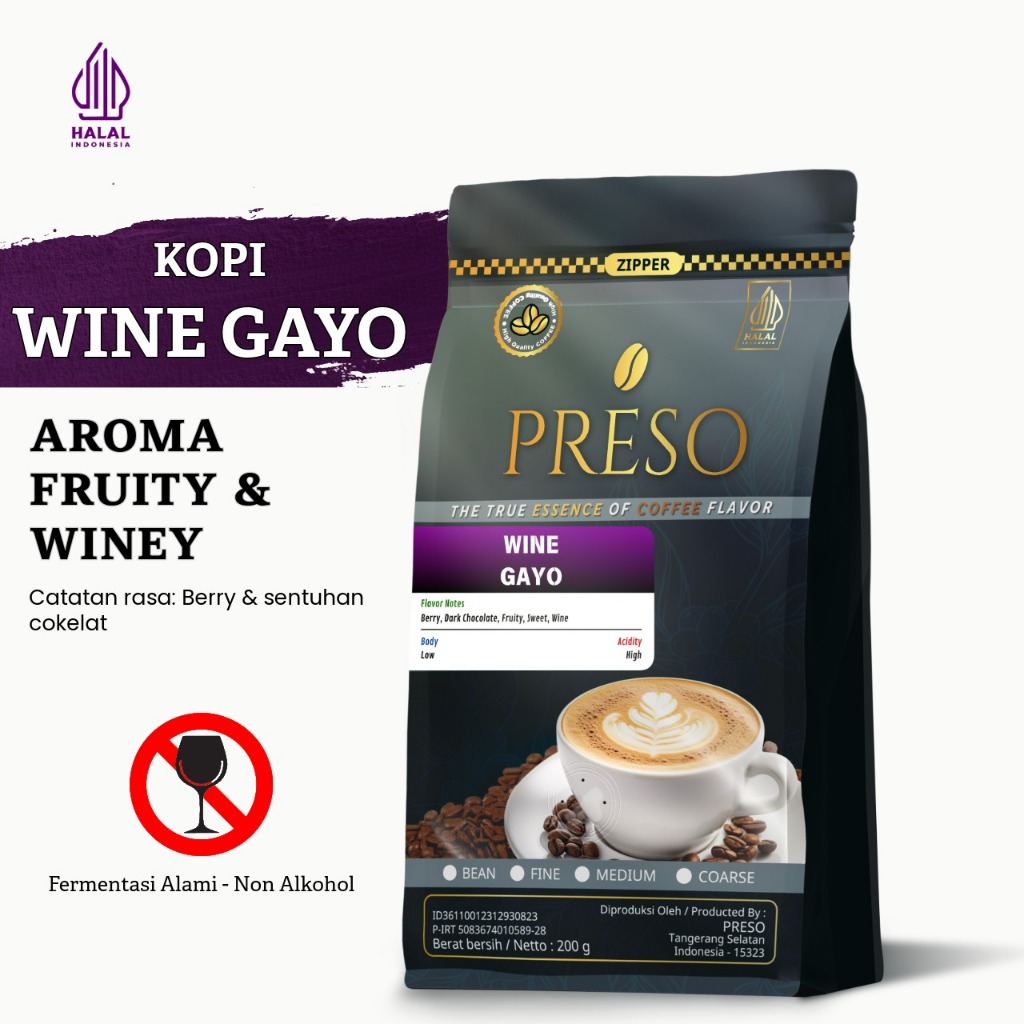 Kopi Arabika Gayo Wine Process Aceh 200g (Non Alkohol) | Biji & Bubuk – PRESO