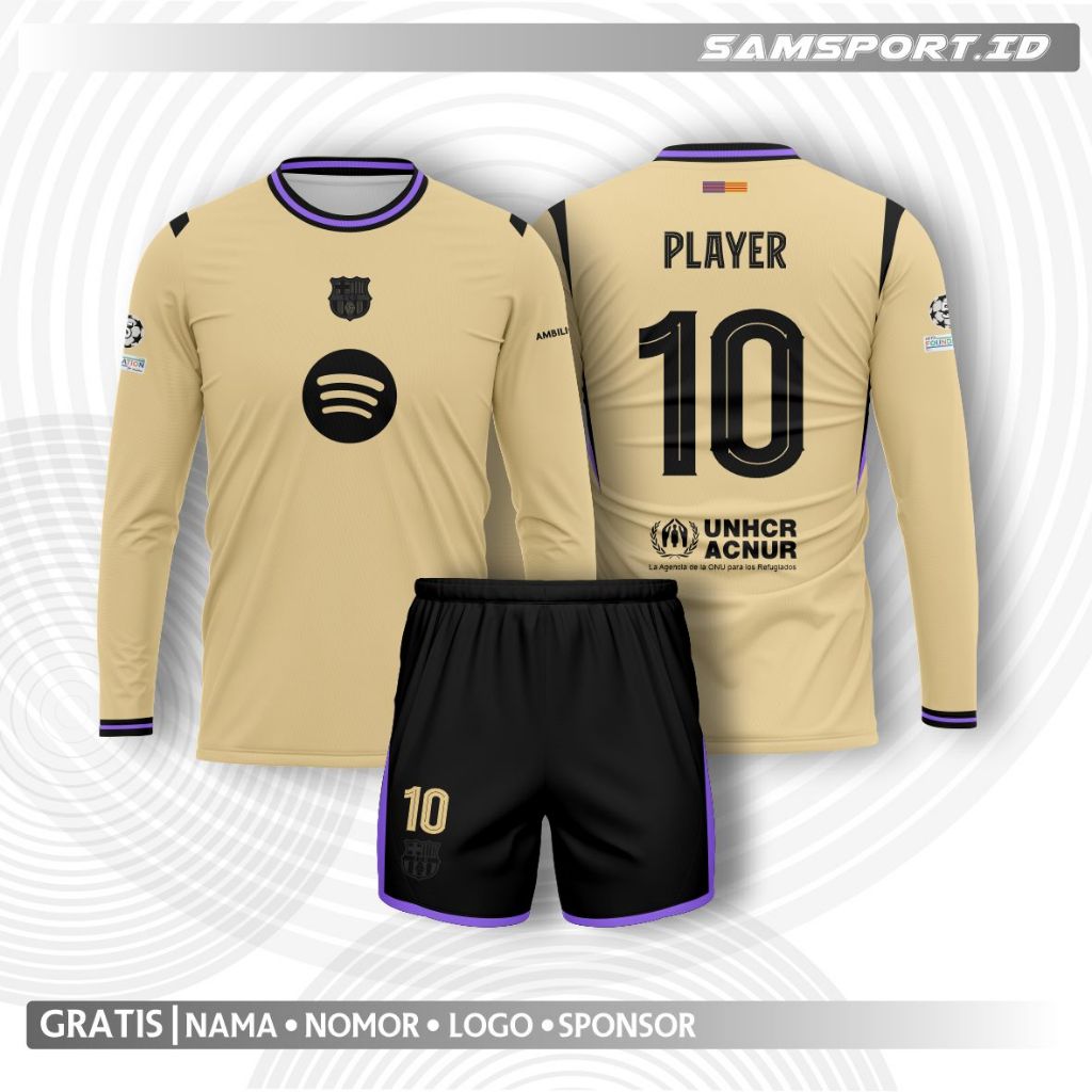 Jersey Bola Barca Away Long Sleeve 2025/2026 FullPrinting Gratis Tambah Nama dan Nomor