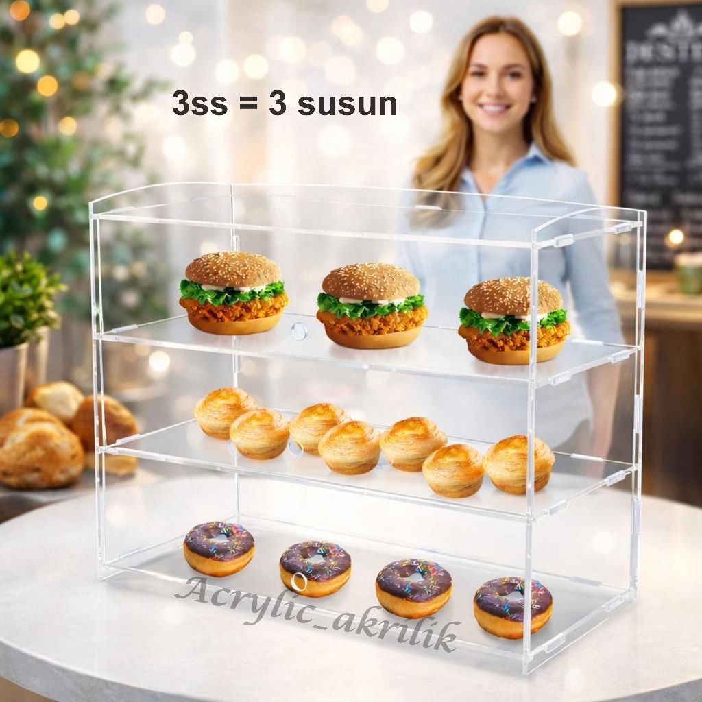 Etalase Makanan Akrilik Bening Susun untuk Pajangan Kue dan Roti