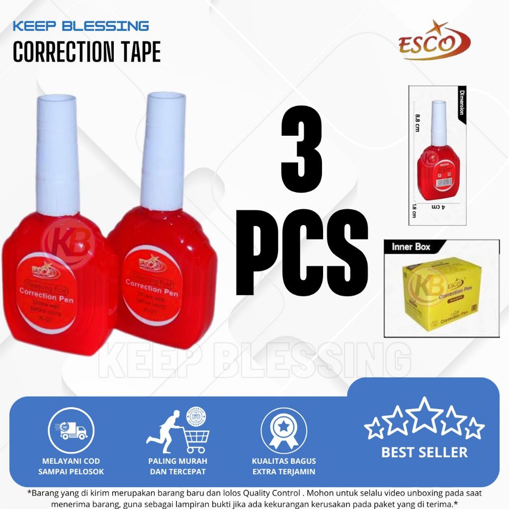 3 Pcs / Correction Pen Esco / Tip ex Cair Esco / Correction Fluid Cairan / Duta Gemilang