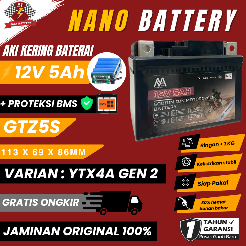 Aki Motor GTZ5S 5 Ah Honda Beat Aki kering Motor Beat Vario Mio Supra Revo NanoBattery 100% Original