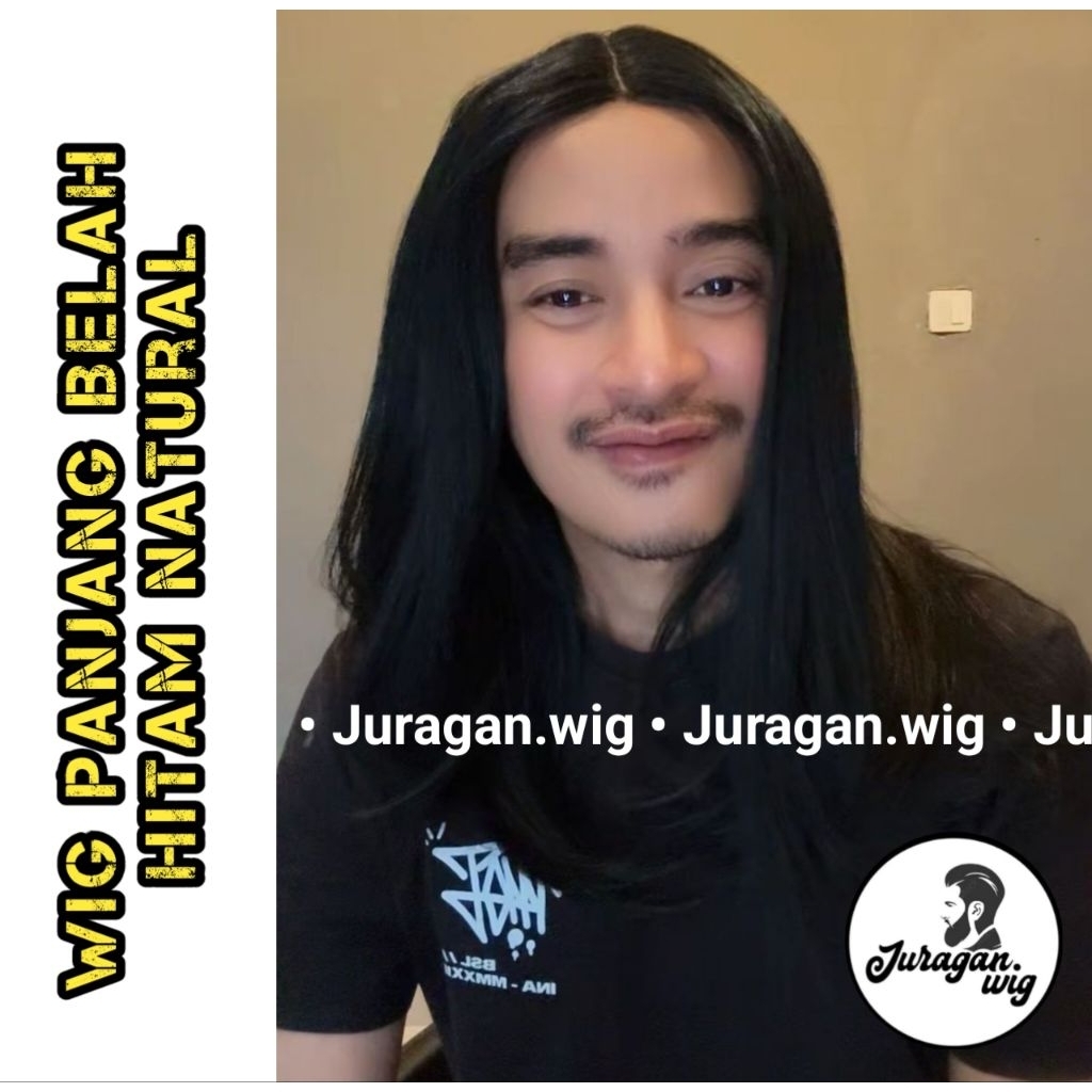 Wig Pria panjang Rambut Pria model Lace belah tengah panjang 60 cm