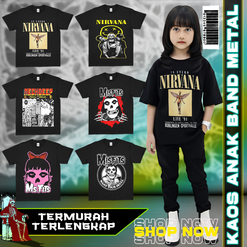 Kaos anak distro band metal NIRVANA MISFITS NECKDEEP usia 2-12 tahun UNISEX