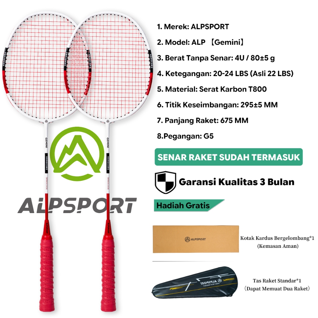 ALPSPORT SZZ Set 2 Raket Bulutangkis + Tas 4U G5 Full Carbon Serat Karbon T800 22-28Lbs Senar Pegang