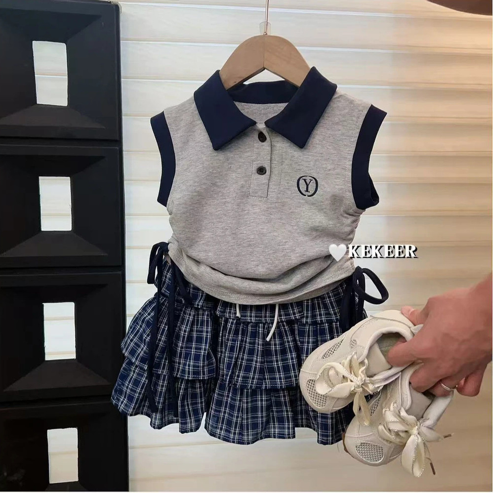 Mentari Kecil Set rok dan celana kotak-kotak gaya Korea untuk anak perempuan