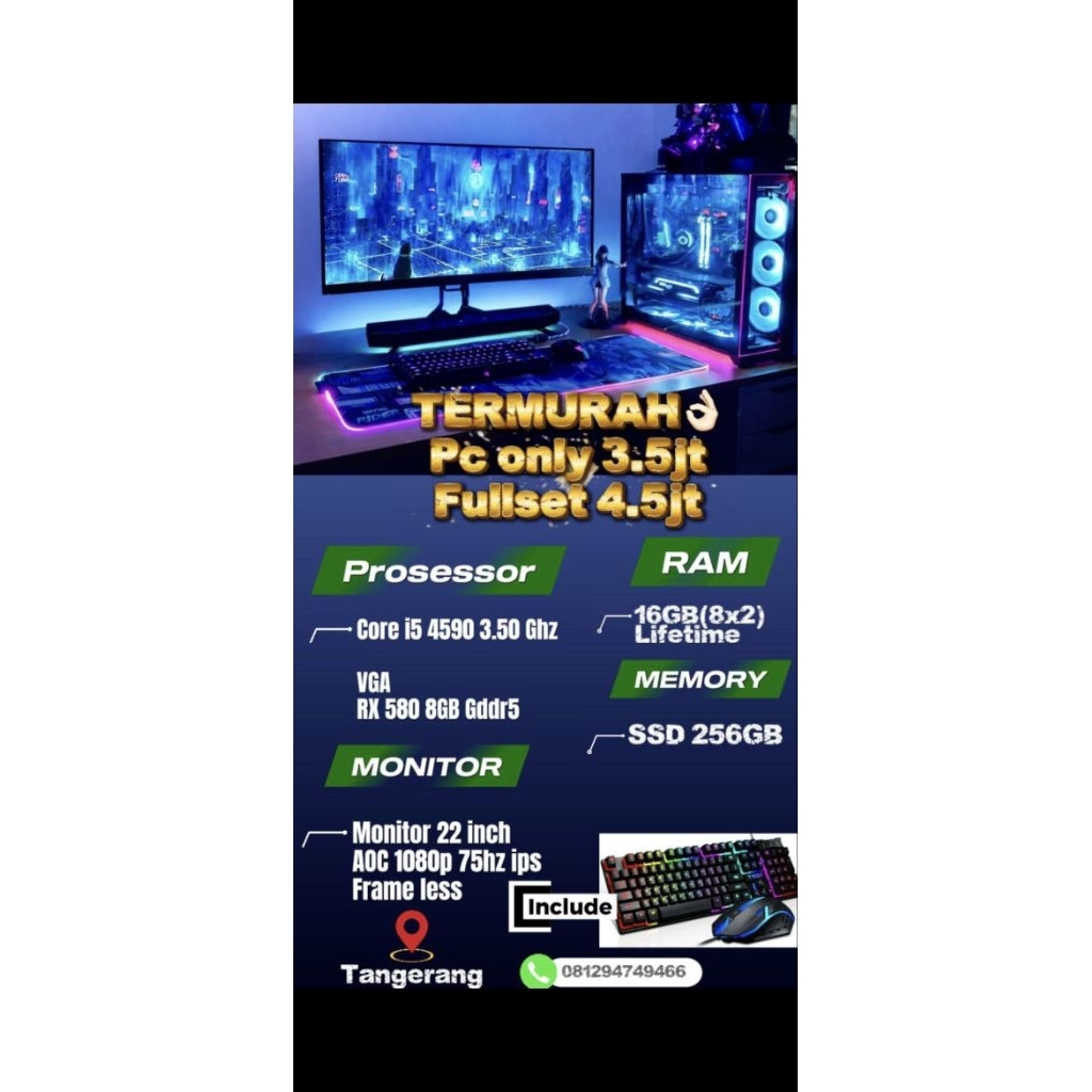 TERMURAH PC Fullset Pc Rakitan Editing Pc Murah core i5 4590 3.50Ghz Ram 16GB Rx 580 8GB Gddr5 no rx