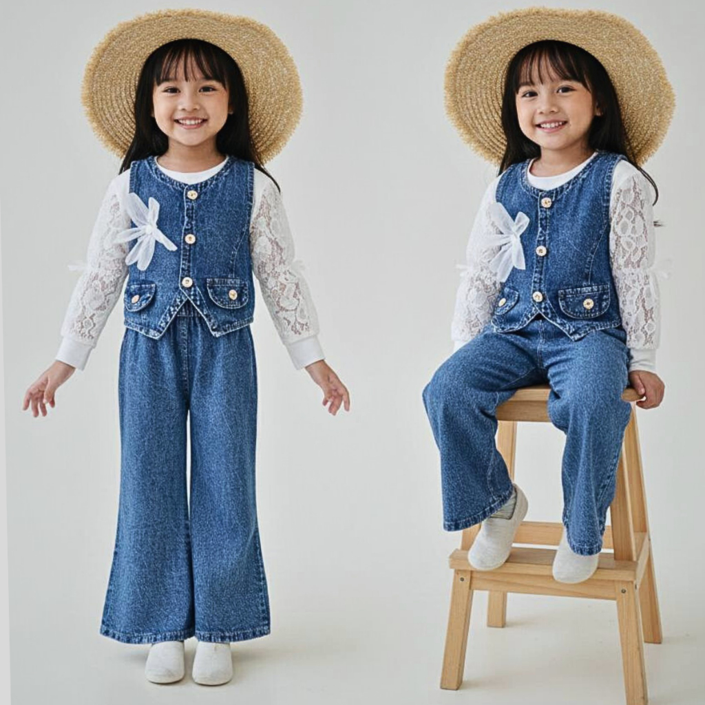 Stelan jeans anak perempuan terbaru 2026 usia 3 - 11 tahun set premium anak perempuan baju lebaran a