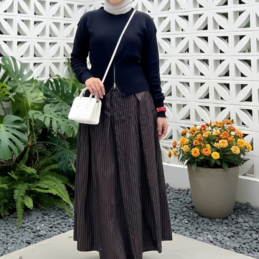 Flowrain- Rok Rempel - Rok Korean Style Wanita Kekinian motif salur - outfit Lucu Wanita Korean Styl