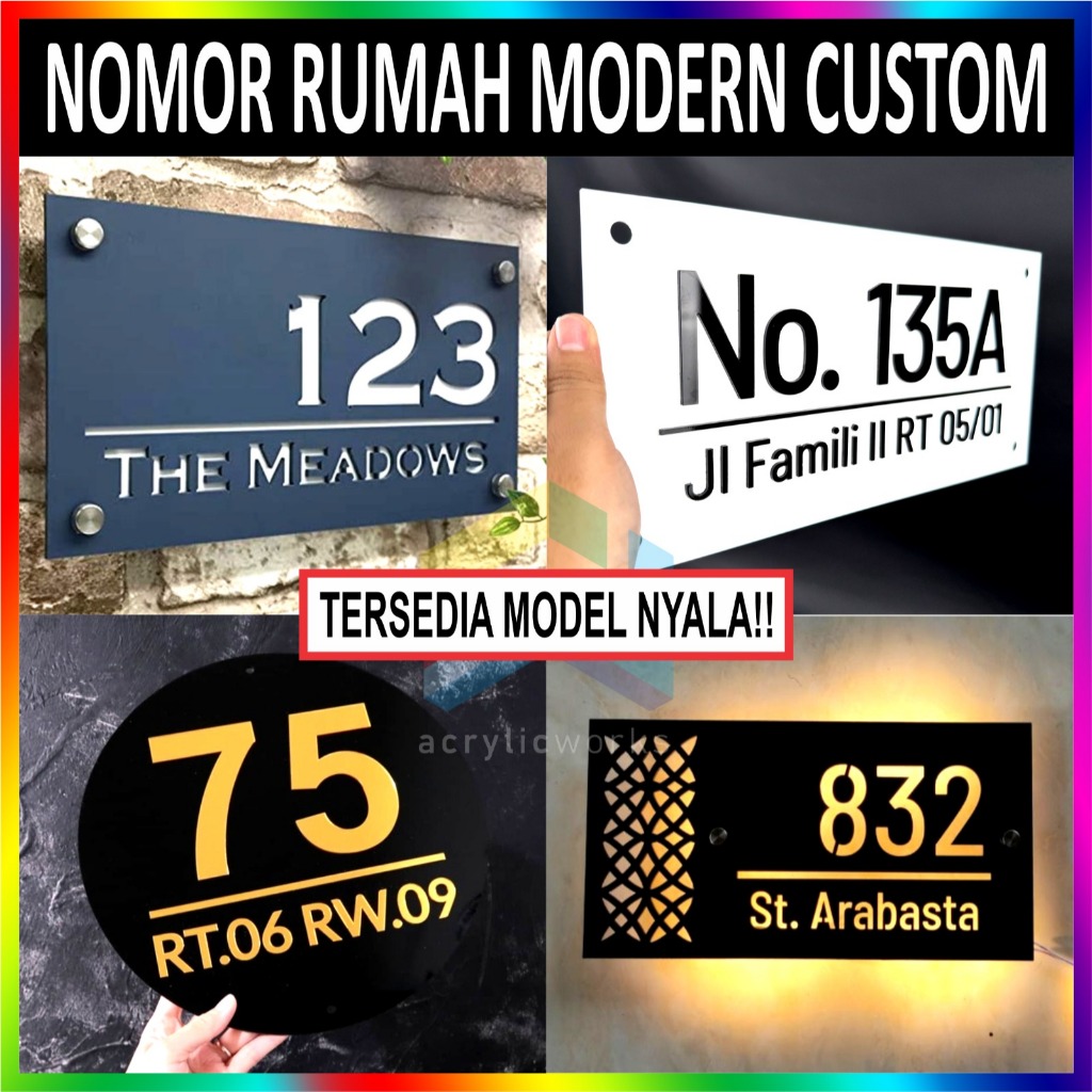 Nomor Rumah Acrylic Modern Eksklusif Timbul Negatif Nyala LED