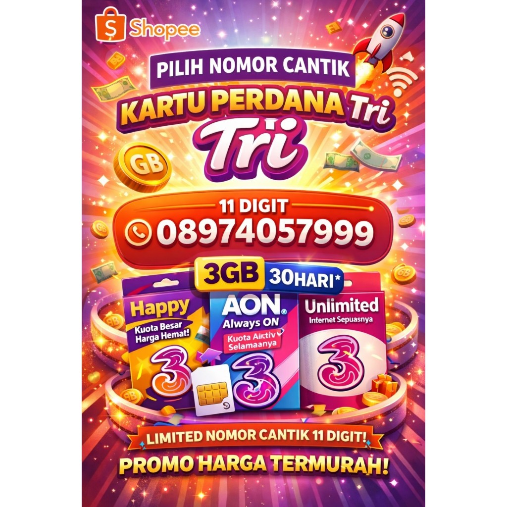 Kartu Tri 999 / Nomor Cantik / Kartu Perdana Cantik Termurah / Nomor Cantik Tripel 999 BanduungBisa 