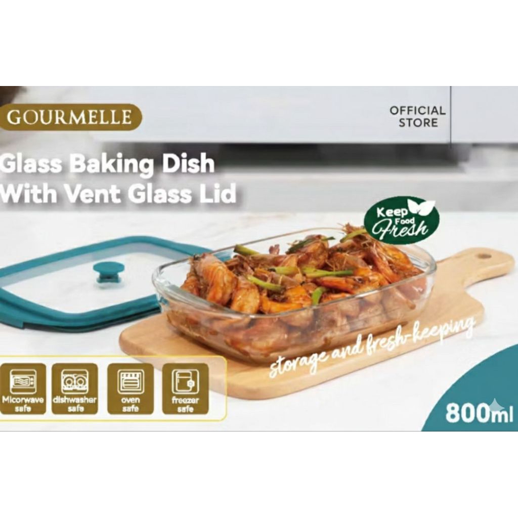 GOURMELLE - 800ml Rectangle Glass Baking Dish with Lid | Wadah Pinggan Panggang Oven Saji