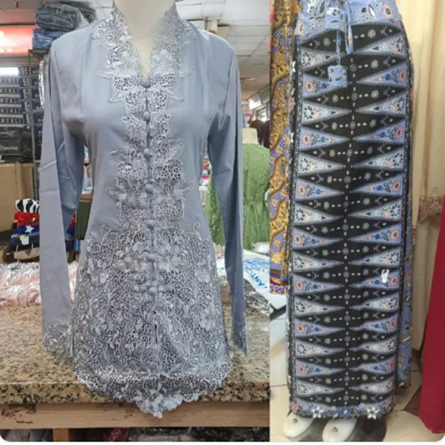 Kebaya Encim Bordir Senada Lengan Panjang Ukuran Jumbo Bahan Katun Warna Abu-abu