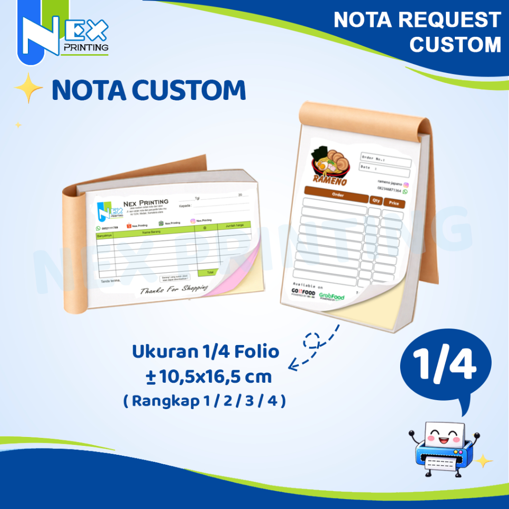 1/4 Cetak Nota Custom Request Ukuran 1/4 Folio Bon Faktur Online Ofline 1ply 2ply 3ply 4ply rangkap 